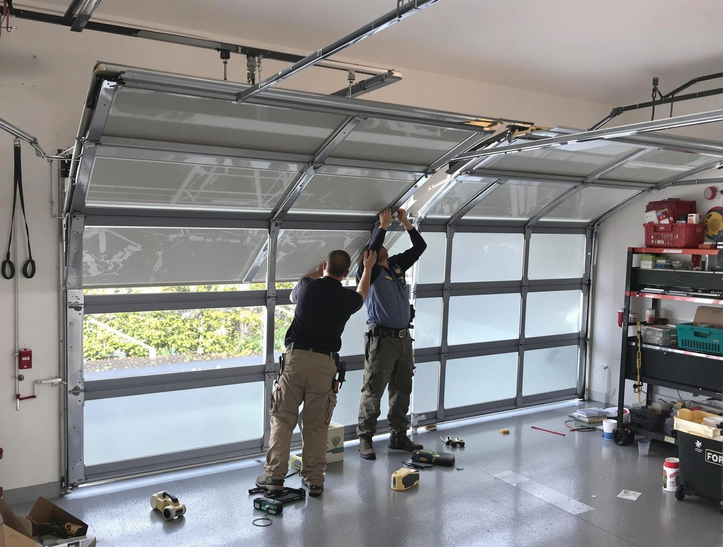O'Hara Garage Door Repair expert performing precise panel replacement on O'Hara garage door