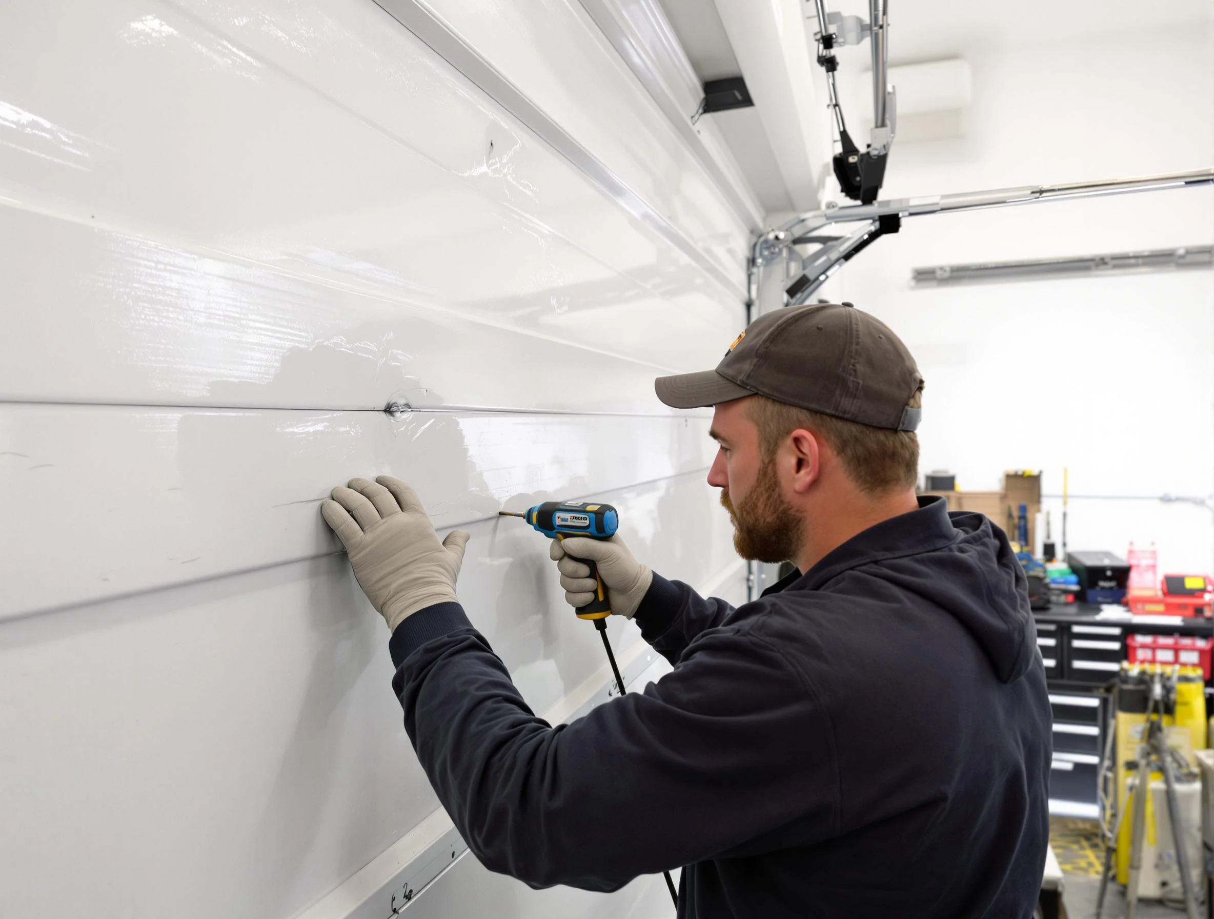O'Hara Garage Door Repair technician demonstrating precision dent removal techniques on a O'Hara garage door