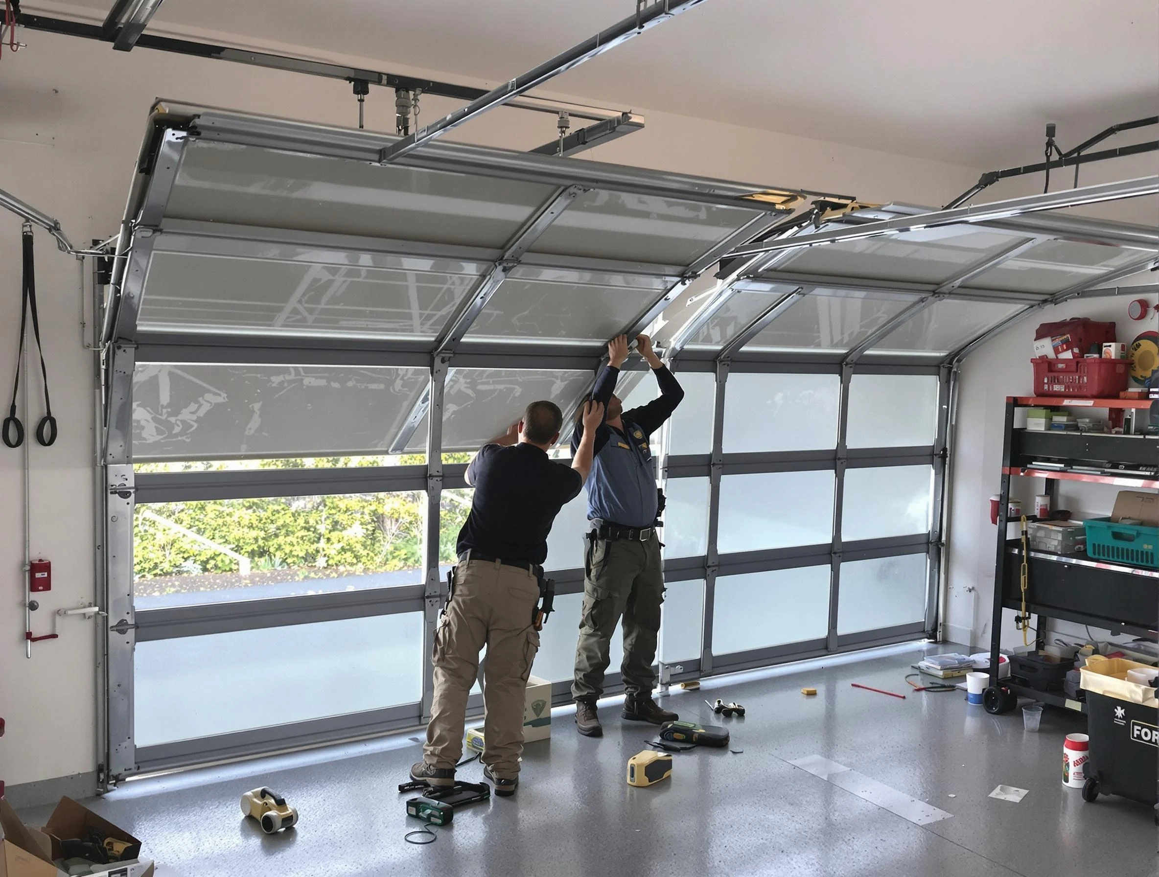 O'Hara Garage Door Repair expert performing precise panel replacement on O'Hara garage door